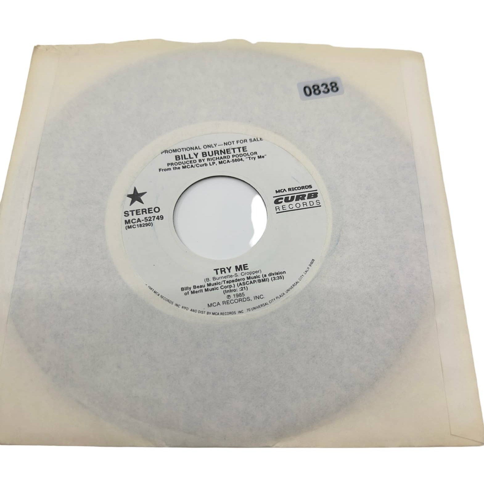 Billy Burnette 1985 Vinyl Record Try Me - LP, Cure Records