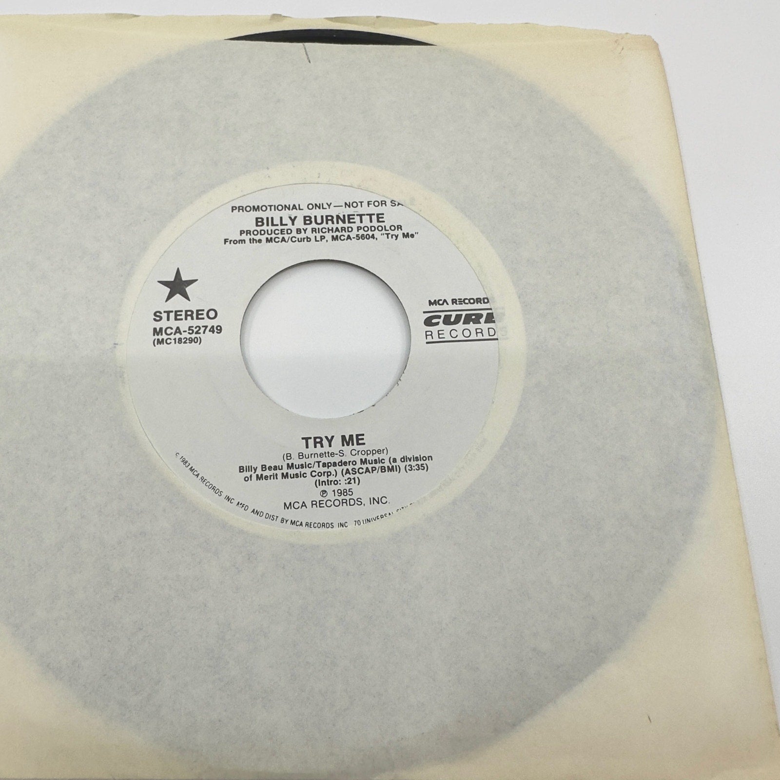 Billy Burnette 1985 Vinyl Record Try Me - LP, Cure Records