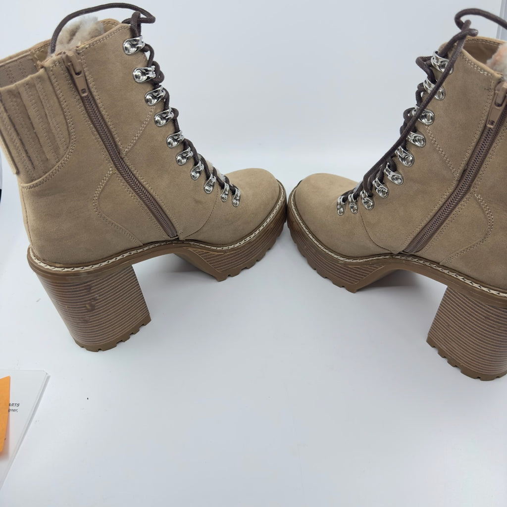 Madden Girl Womens Kikki Combat Boots Lace-Up Faux Fur Sand Fabric Size 9.5