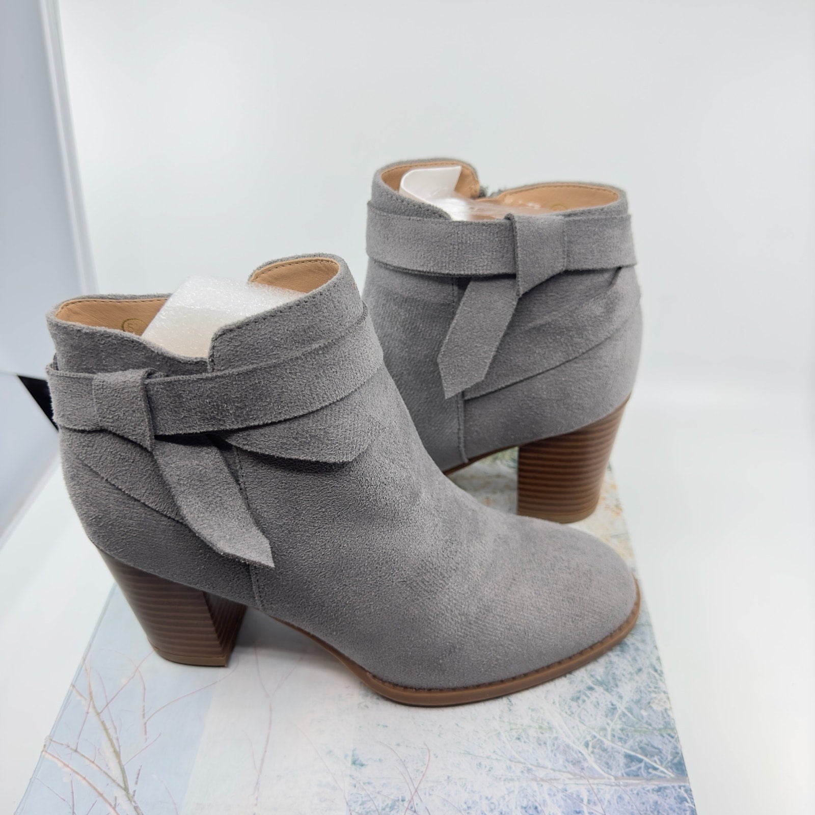 PiePieBuy Tie Knot Chelsea Pump Ankle Boots Closed Toe Faux Suede Gray Size 5.5