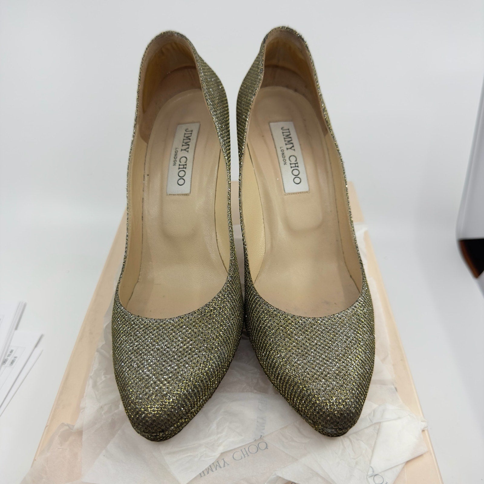 Jimmy Choo 247 Aimee Pump Stiletto Heels Pointed Toe Light Bronze Size 8