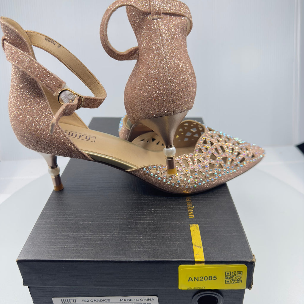 IDIFU Womens Shoes IN2 Candice Low Kitten Heels Pumps Rhinestones Sequins Gold 9