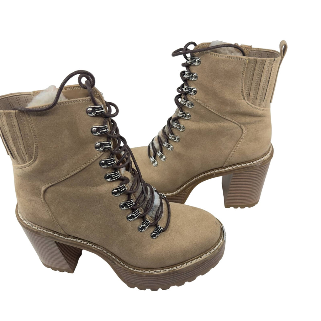 Madden Girl Womens Kikki Combat Boots Lace-Up Faux Fur Sand Fabric Size 9.5