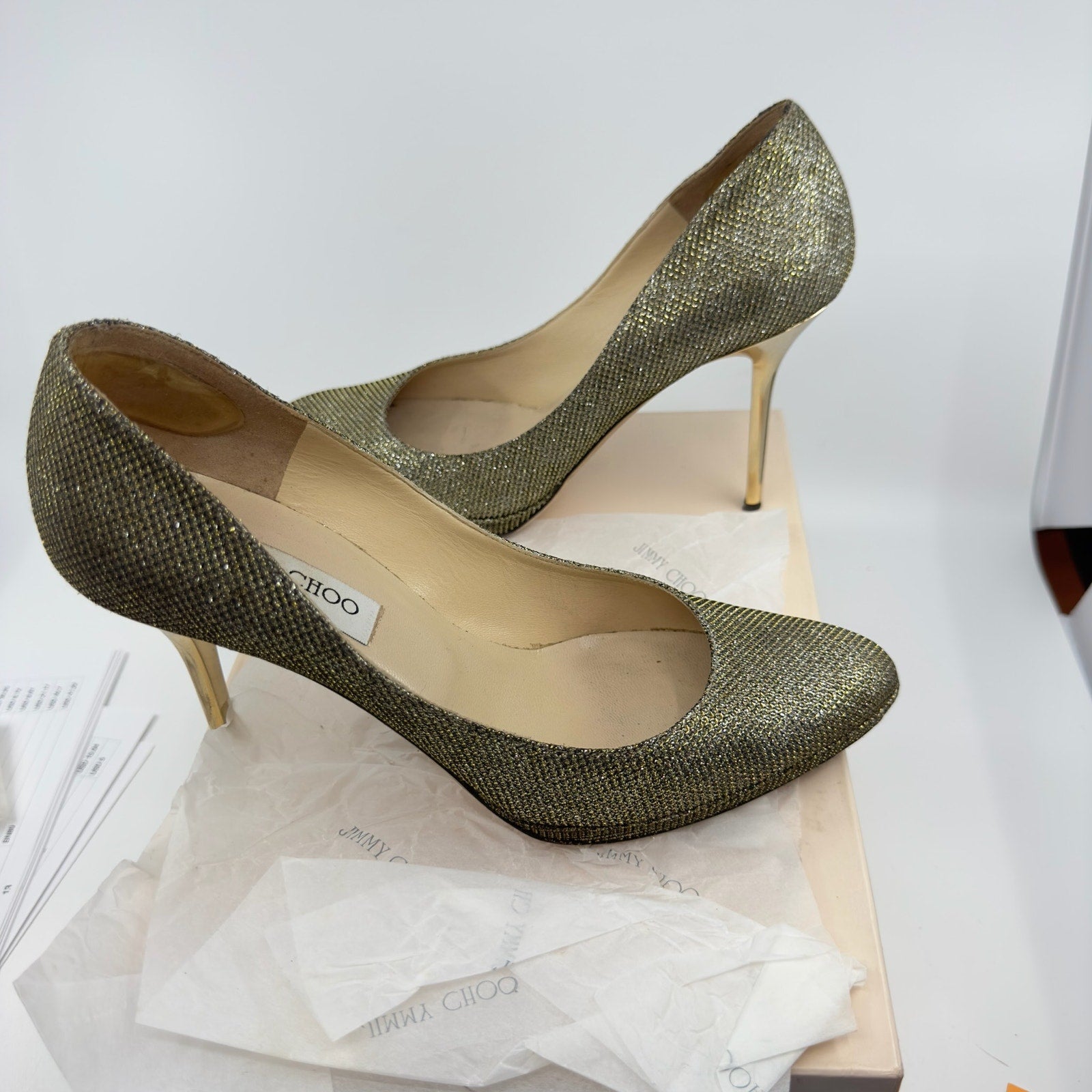 Jimmy Choo 247 Aimee Pump Stiletto Heels Pointed Toe Light Bronze Size 8