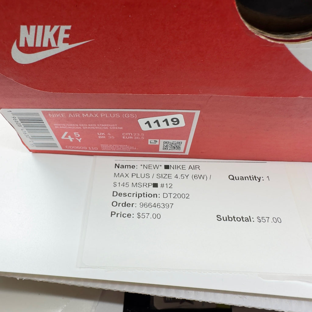 Nike Air Max Plus GS Youth Girls Sneakers White Siren Red Red Stardust Size 4.5Y