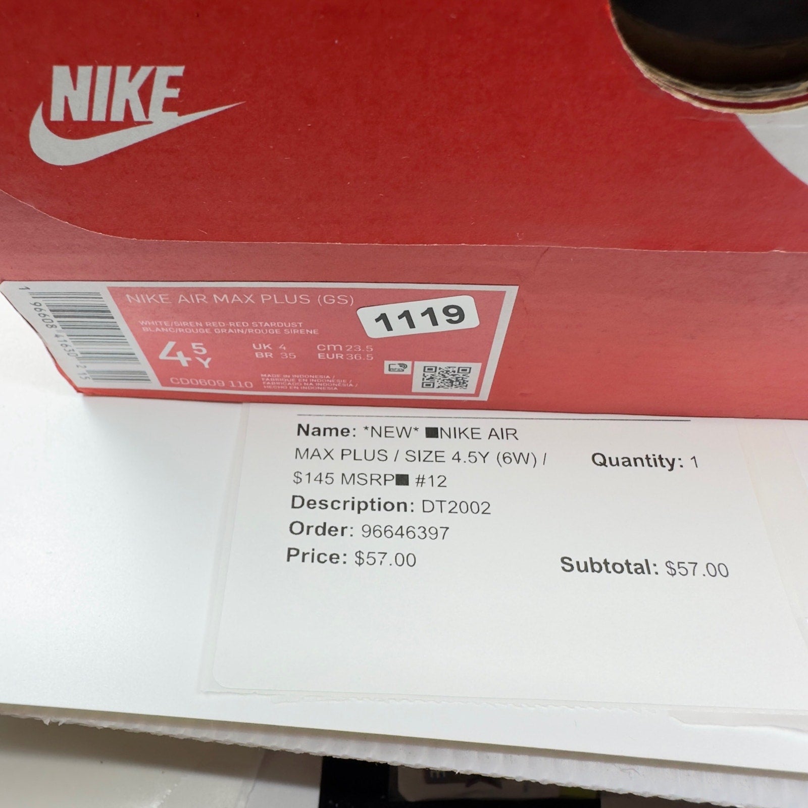 Nike Air Max Plus GS Youth Girls Sneakers White Siren Red Red Stardust Size 4.5Y