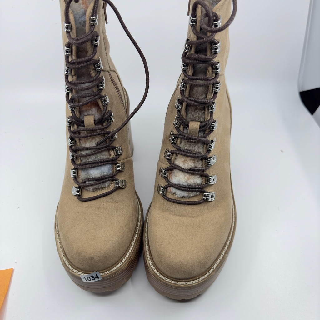 Madden Girl Womens Kikki Combat Boots Lace-Up Faux Fur Sand Fabric Size 9.5