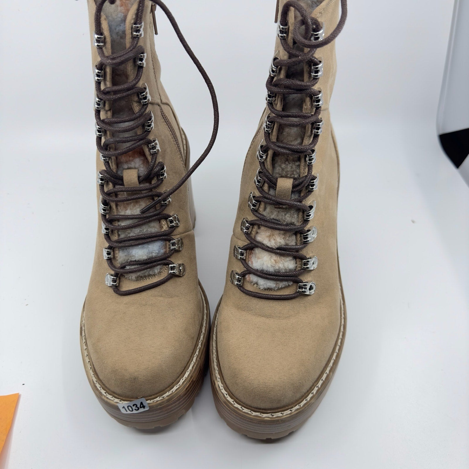 Madden Girl Womens Kikki Combat Boots Lace-Up Faux Fur Sand Fabric Size 9.5