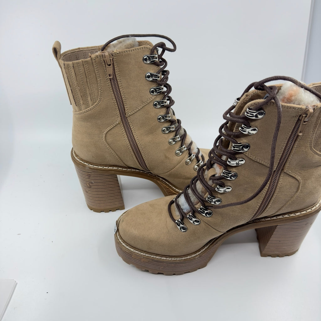 Madden Girl Womens Kikki Combat Boots Lace-Up Faux Fur Sand Fabric Size 9.5